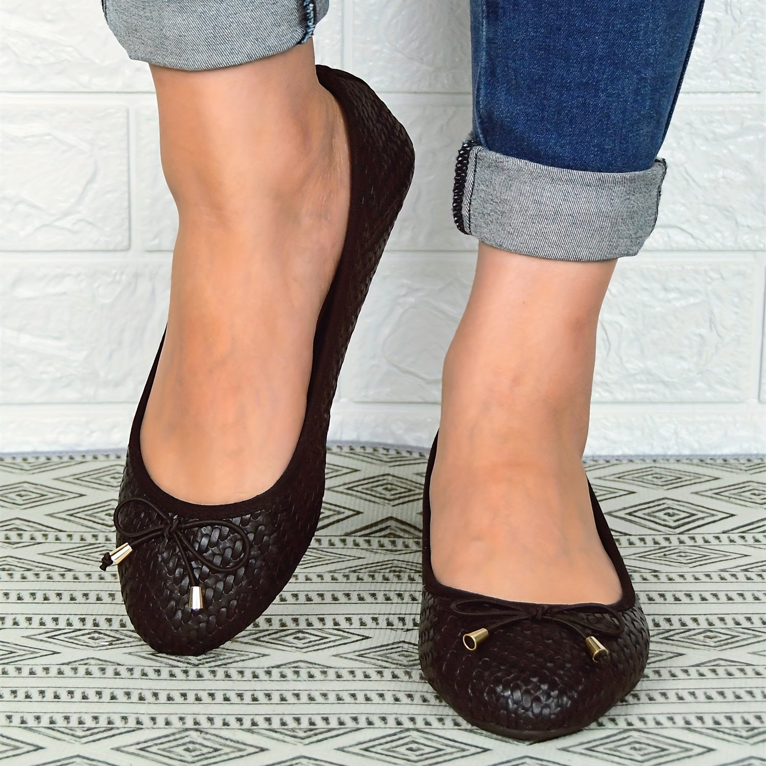 Women's Bowknot Ballet Flats Slip On Faux Leather Shoes Comfy Flat Shoes
