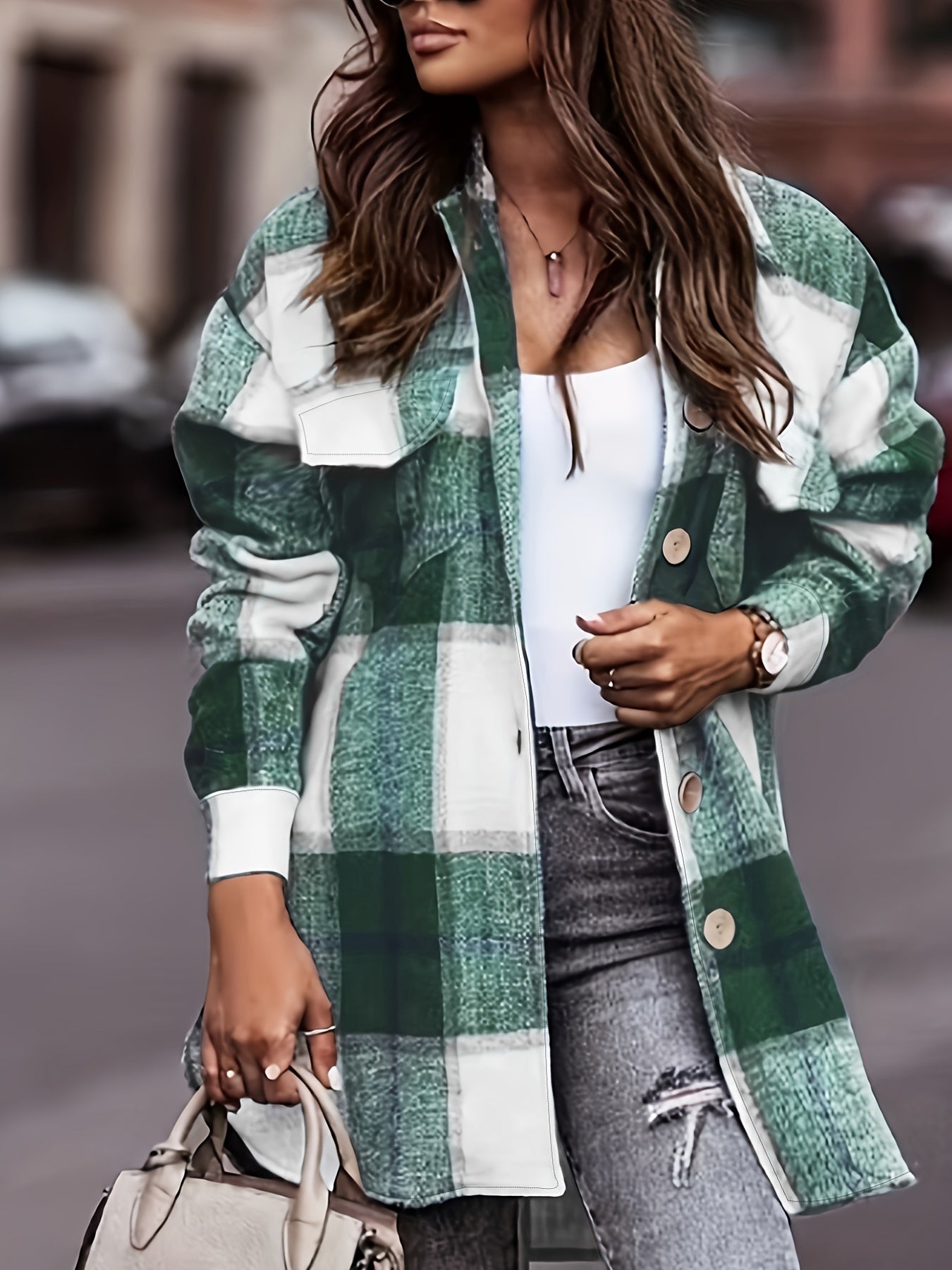 Plaid Print Classic Jacket Casual Button Front Long Sleeve Outerwear