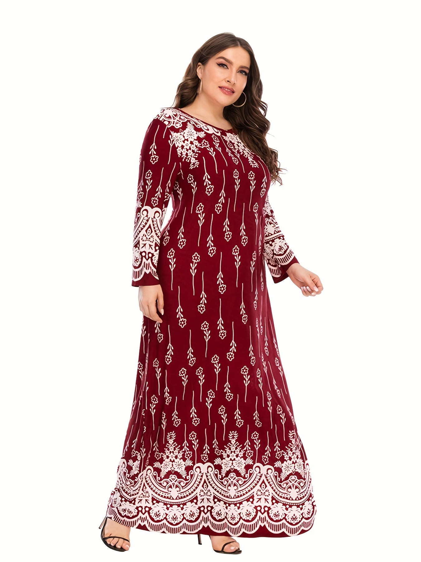 Retro Dress Women's Plus Abstract Stripe Print Long Sleeve Round Neck