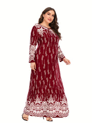 Retro Dress Women's Plus Abstract Stripe Print Long Sleeve Round Neck