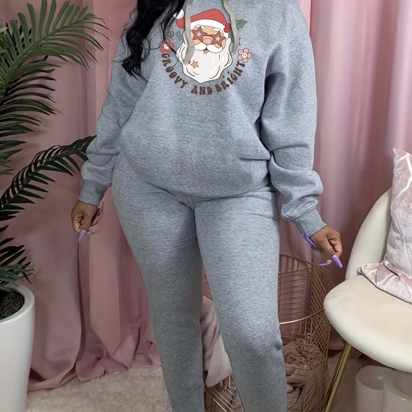 Women's Plus Size Santa Claus Hooded Sweatshirt & Pants Set