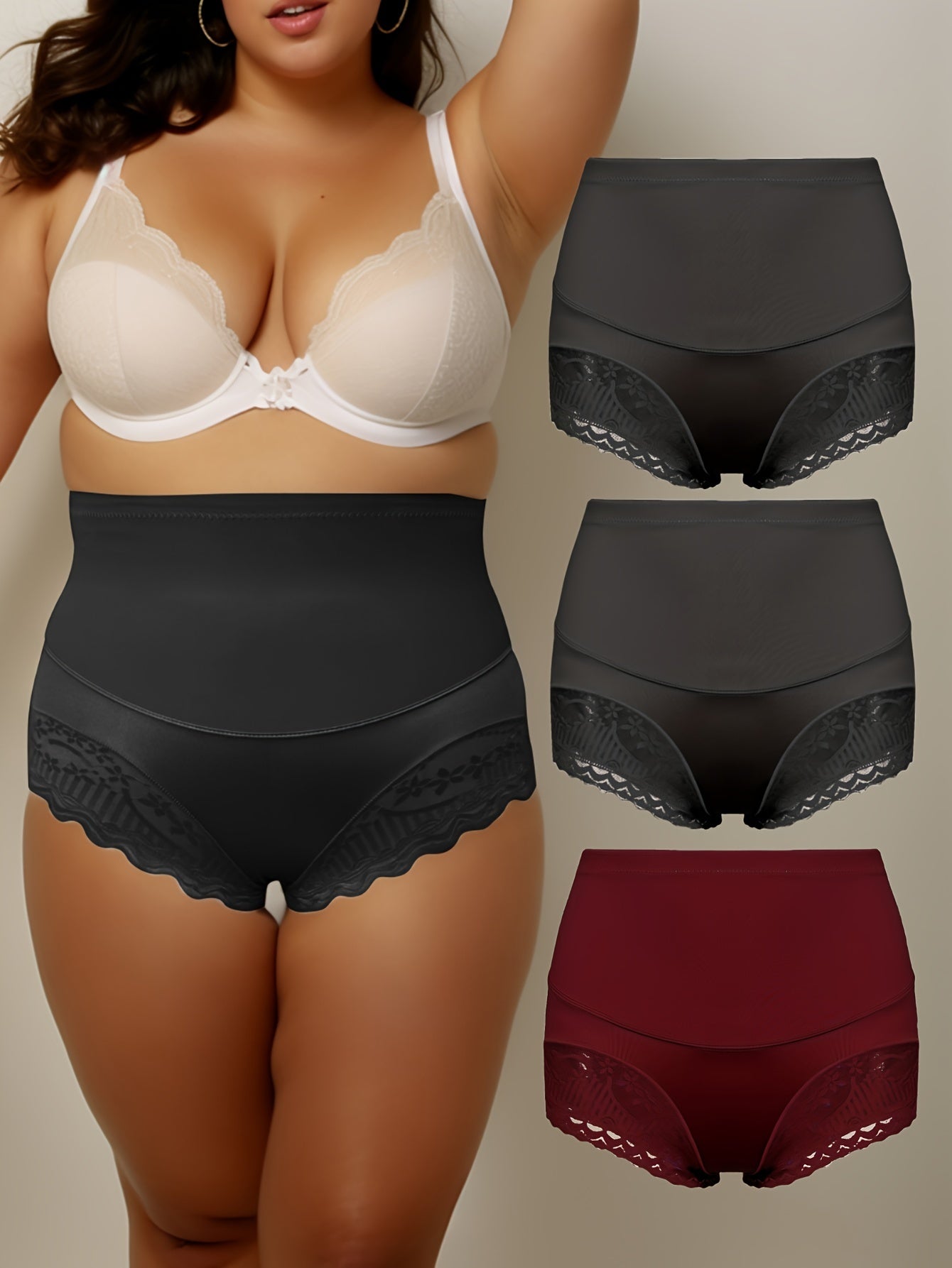 3 Pack Plus Size Panties Set Women's Plus Contrast Lace Trim Wide Waistband