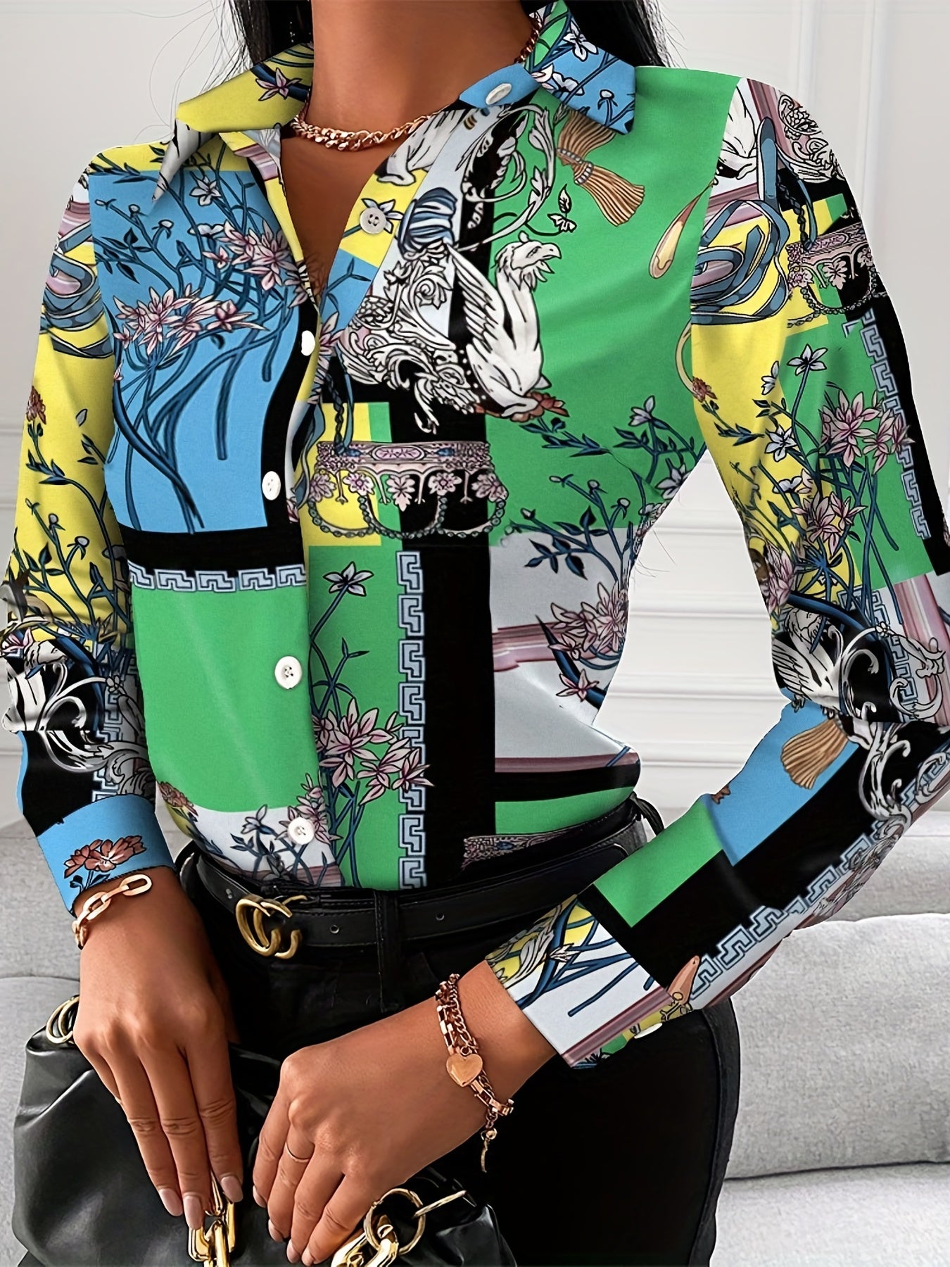 Women's Floral Print Polo Neck Blouse