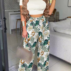 Boho Two Piece Set: Slim Tee & Tropical Print Pants