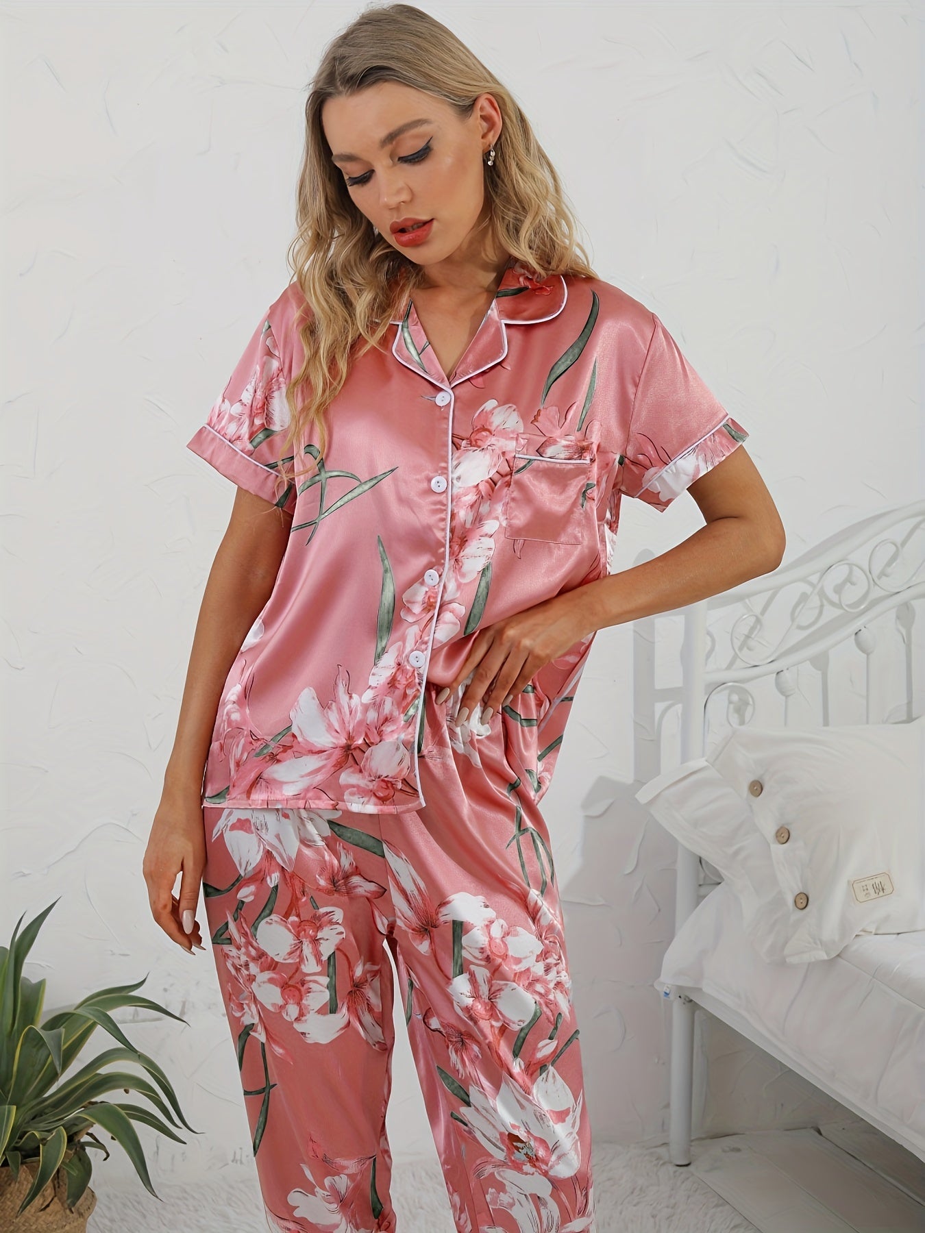 Floral Satin Pajama Set Short Sleeve Top & Long Pants