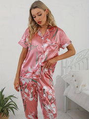 Floral Satin Pajama Set Short Sleeve Top & Long Pants