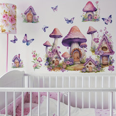2pcs Mushroom Wall Decal Green Leaves Butterflies Flowers Mushroom House