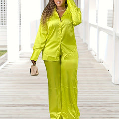 Plus Size Solid Button Up Blouse & Pants Set