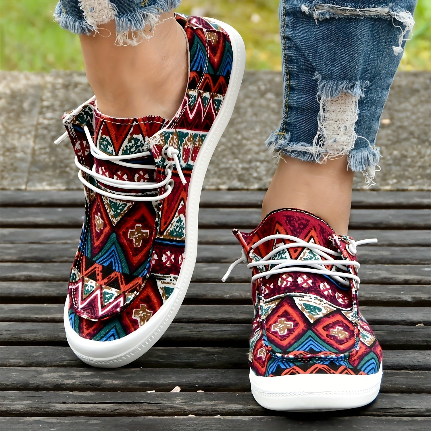 Women's Ethnic Red Boat Shoes Lightweight Flat Walking Shoes