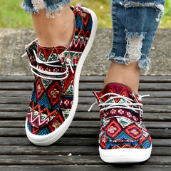 Women's Ethnic Red Boat Shoes Lightweight Flat Walking Shoes