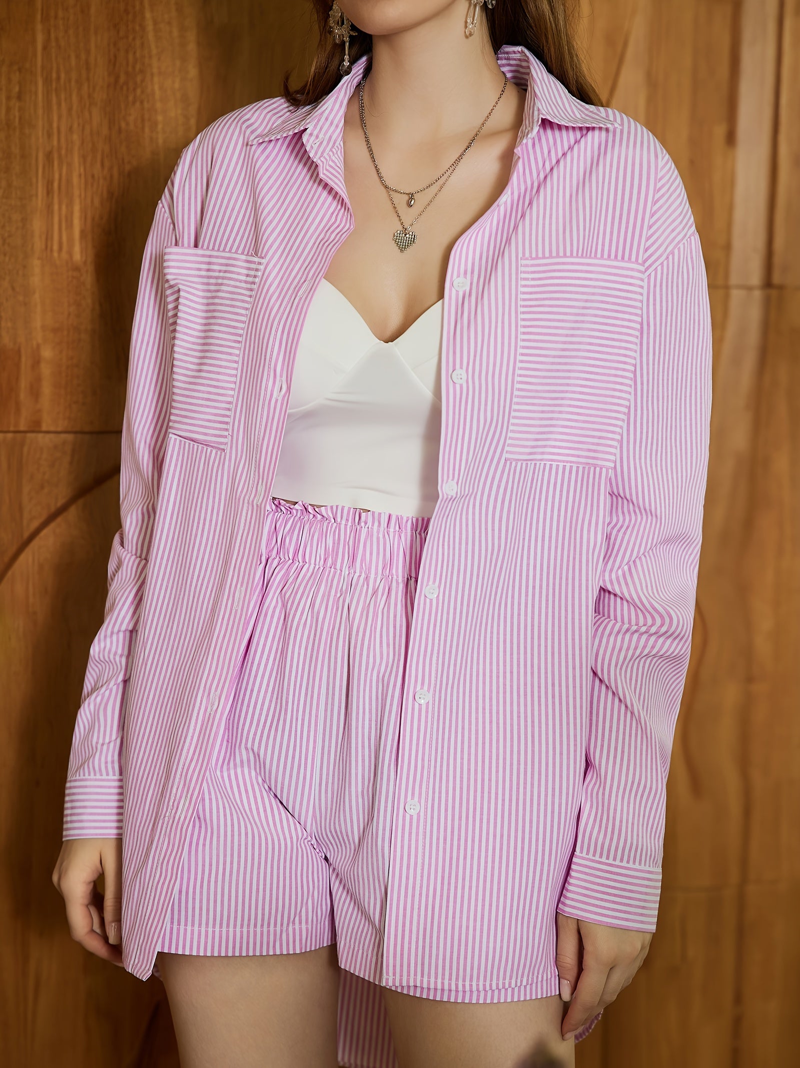 Striped 2-Piece Set Shirt & Shorts Outfit for Women