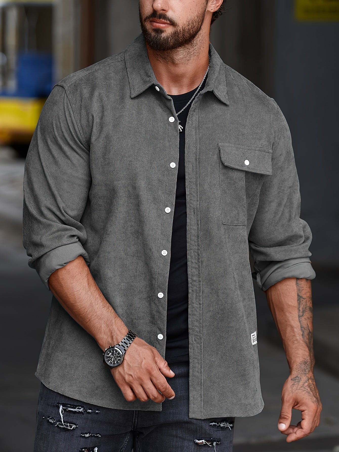 Men's Casual Lapel Shirt Button Up Long Sleeve