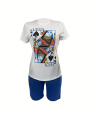 Poker Print Crew Neck Two Piece Set