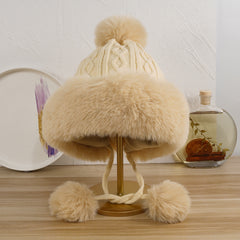Rabbit Fur Knitted Ball Plush Thick Hat Solid Ear Protection Wool Hat