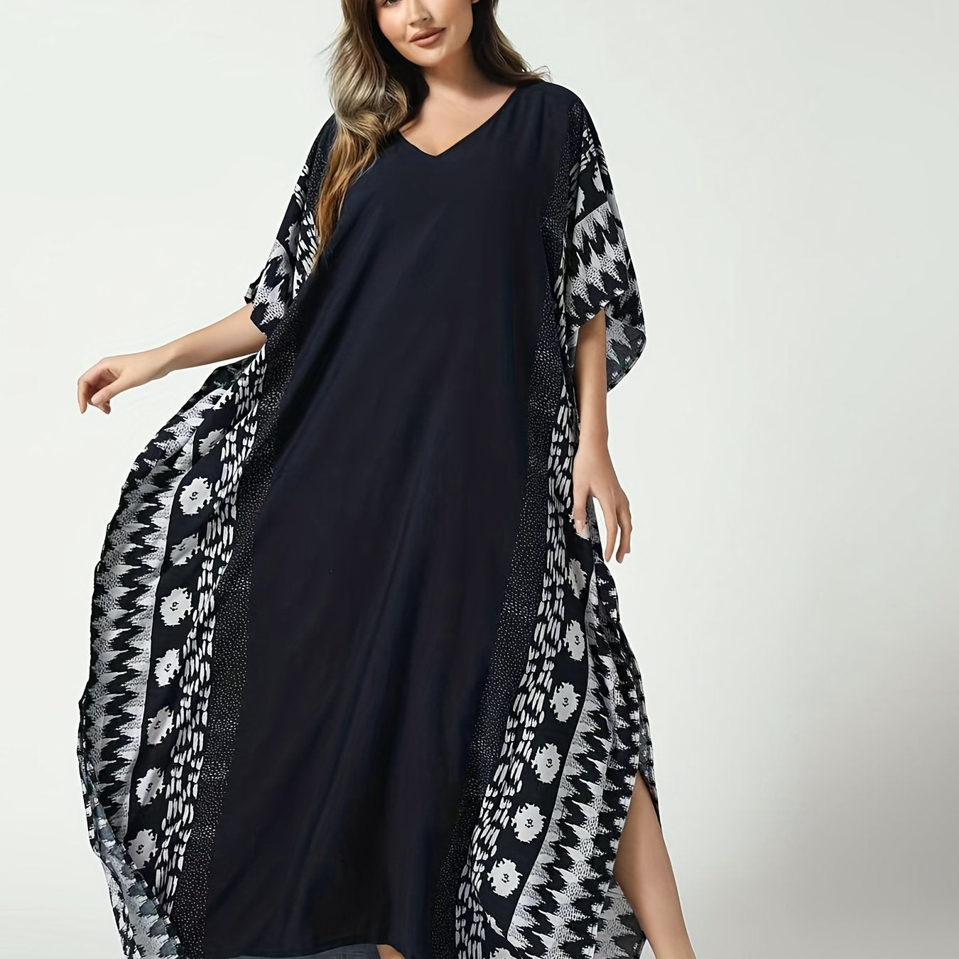 Boho Loose Fit Kaftan V Neck Geometric Print Cover Up Dress