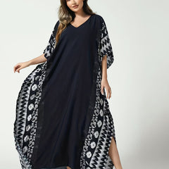Boho Loose Fit Kaftan V Neck Geometric Print Cover Up Dress