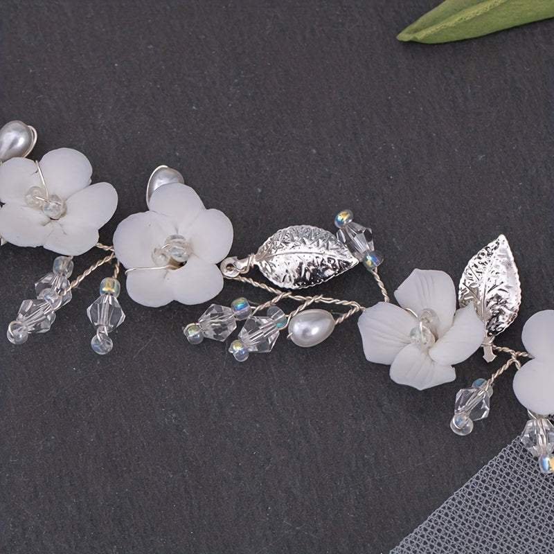 Faux Pearl Bridal Flower Headpiece Leaf Shape Headband Wedding Hair Accessories