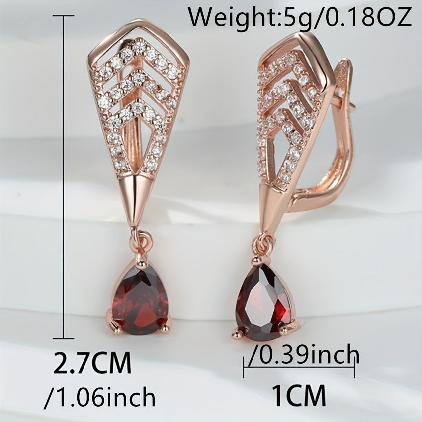 Water Drop Red Zircon Dangle Earrings Golden Bride Wedding Earrings