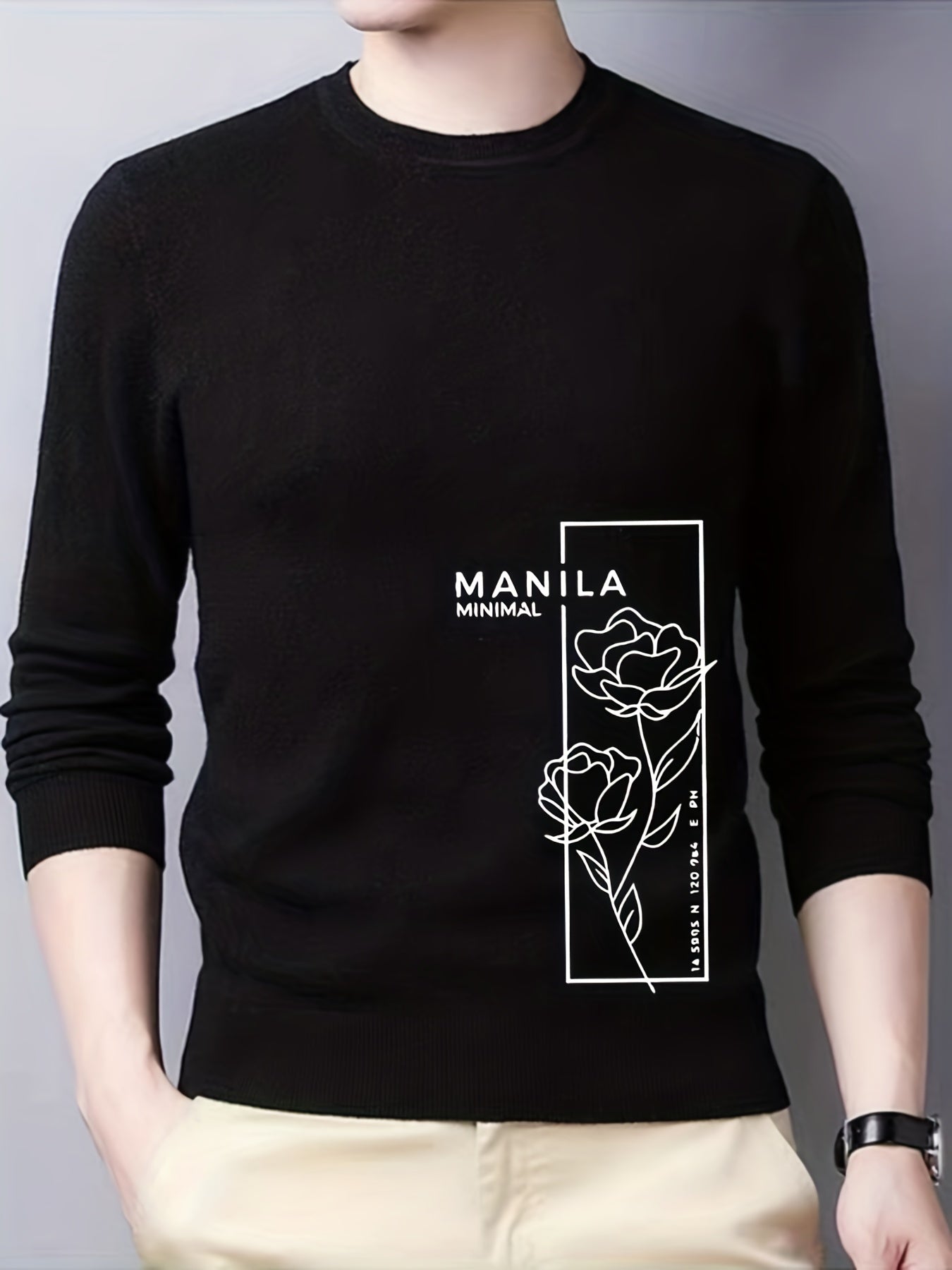 Rose Print Knitted Sweater Men's Crew Neck Pullover For Fall Winter