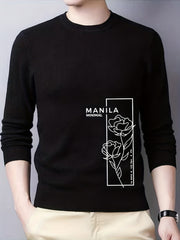 Rose Print Knitted Sweater Men's Crew Neck Pullover For Fall Winter