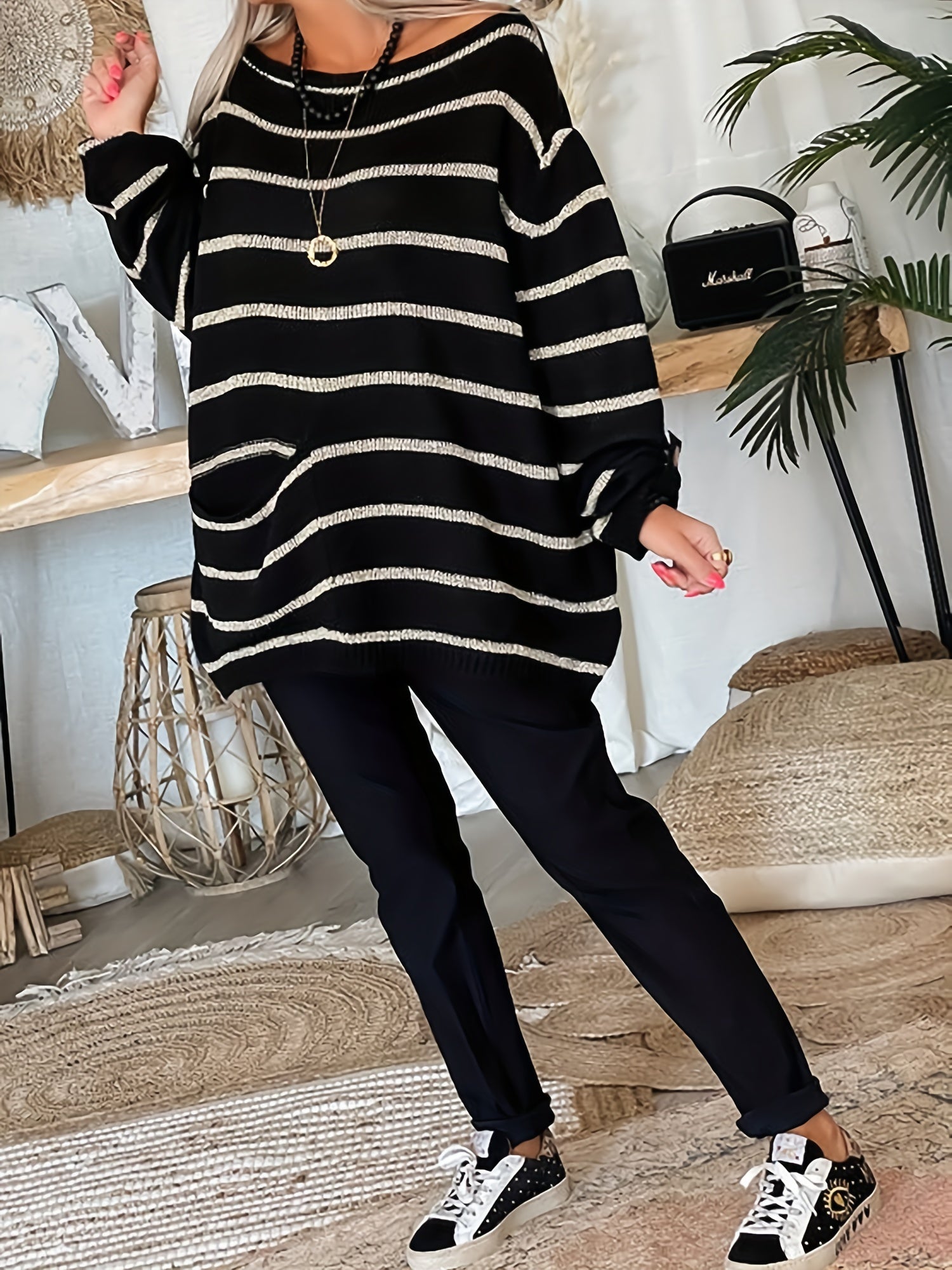 Casual Stripe Print Sweater Round Neck Jumper