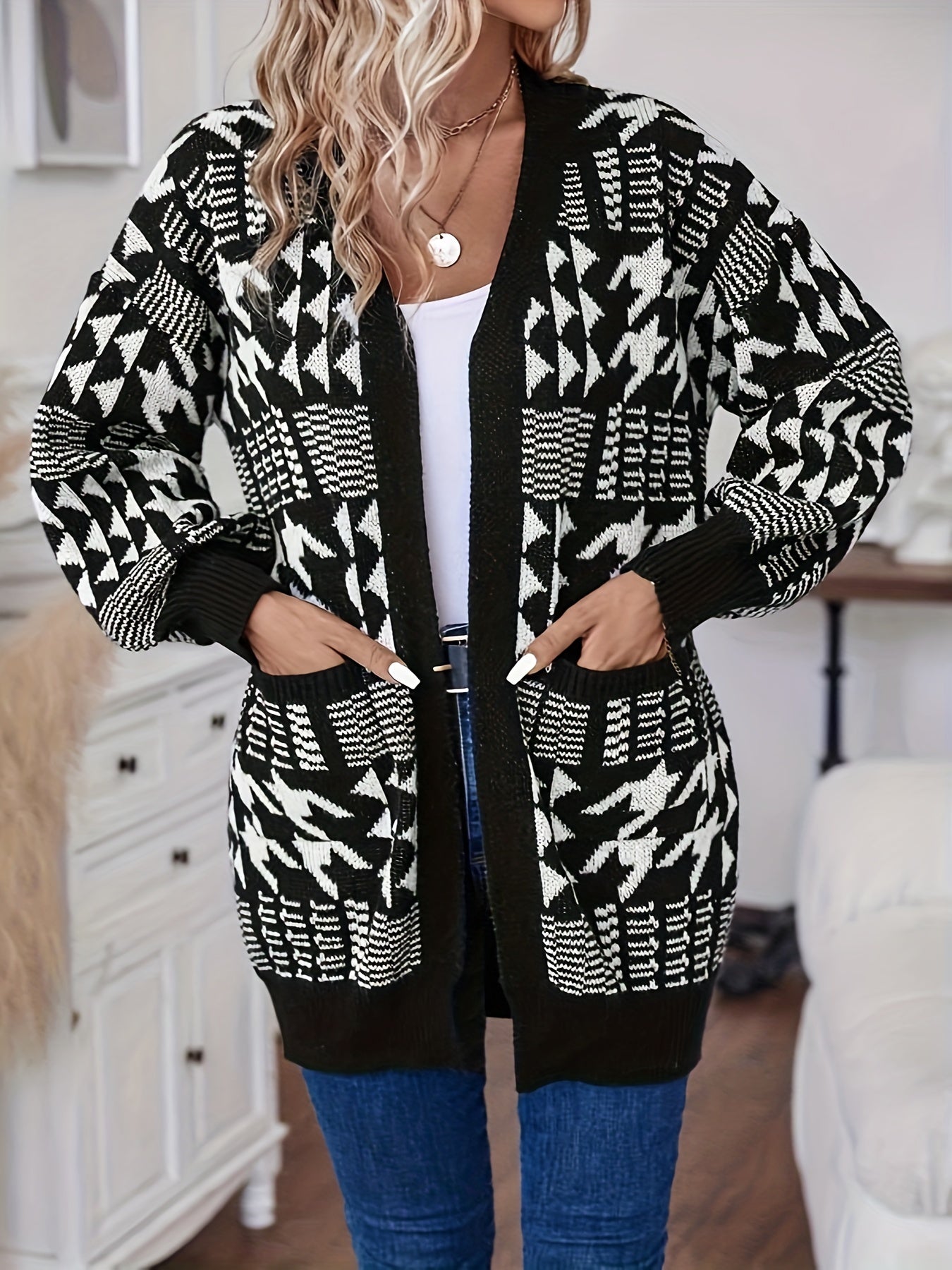 Women's Plus Geometric Print Long Sleeve Open Front Cardigan With Pockets