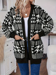 Women's Plus Geometric Print Long Sleeve Open Front Cardigan With Pockets