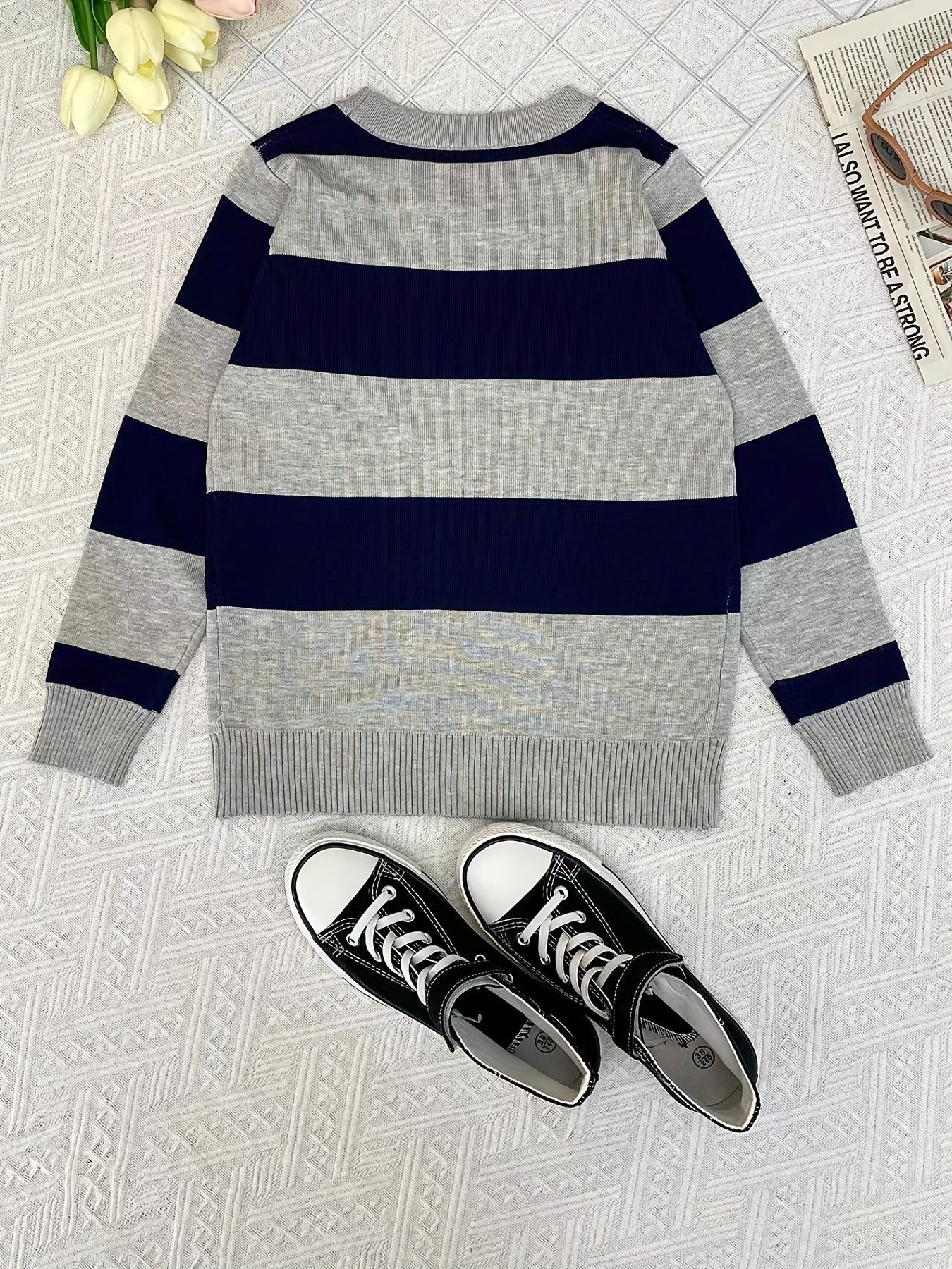Boys Casual Striped Sweater Round Neck Long Sleeve Warm Knit Pullover Top