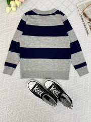 Boys Casual Striped Sweater Round Neck Long Sleeve Warm Knit Pullover Top
