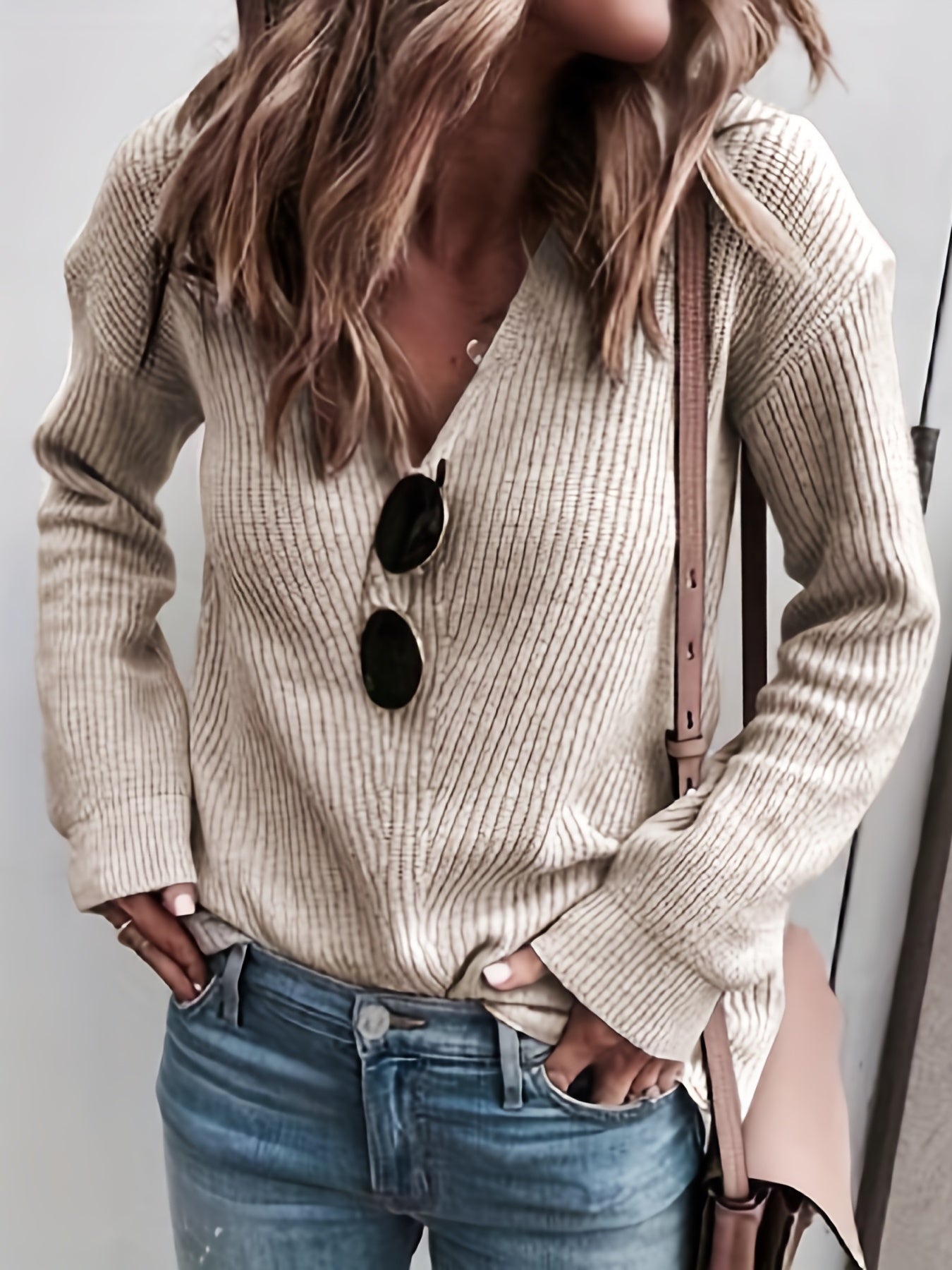 Solid V-Neck Sweater Long Sleeve Knit Pullover