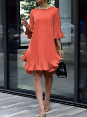 Casual Dress Solid Ruffle Trim Half Sleeve Loose Fit Mini Dress