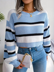 Striped Crop Sweater Long Sleeve Casual Fall Spring Women's Clothing