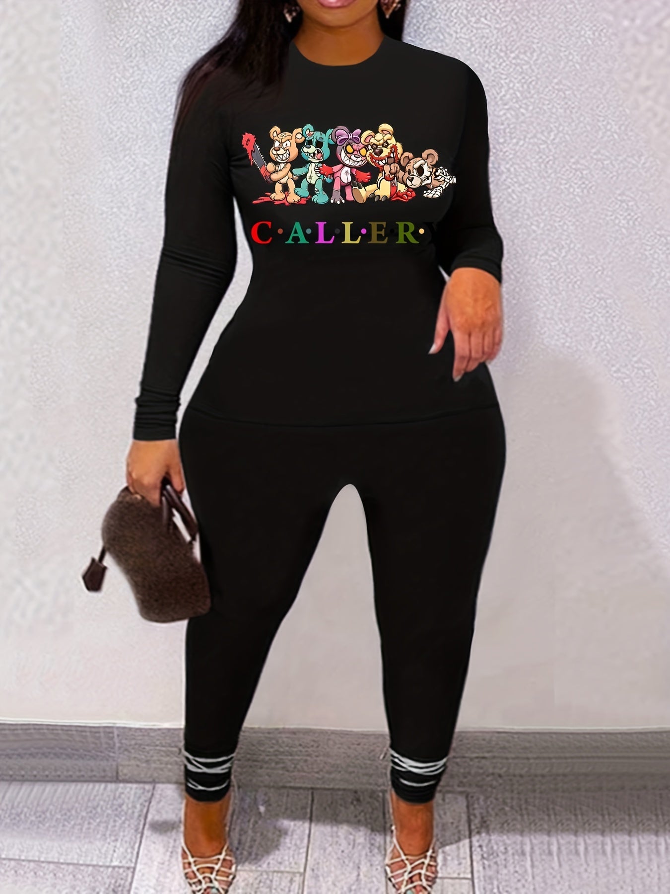 Graphic Print Long Sleeve Tee & Skinny Pants Set