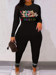 Graphic Print Long Sleeve Tee & Skinny Pants Set