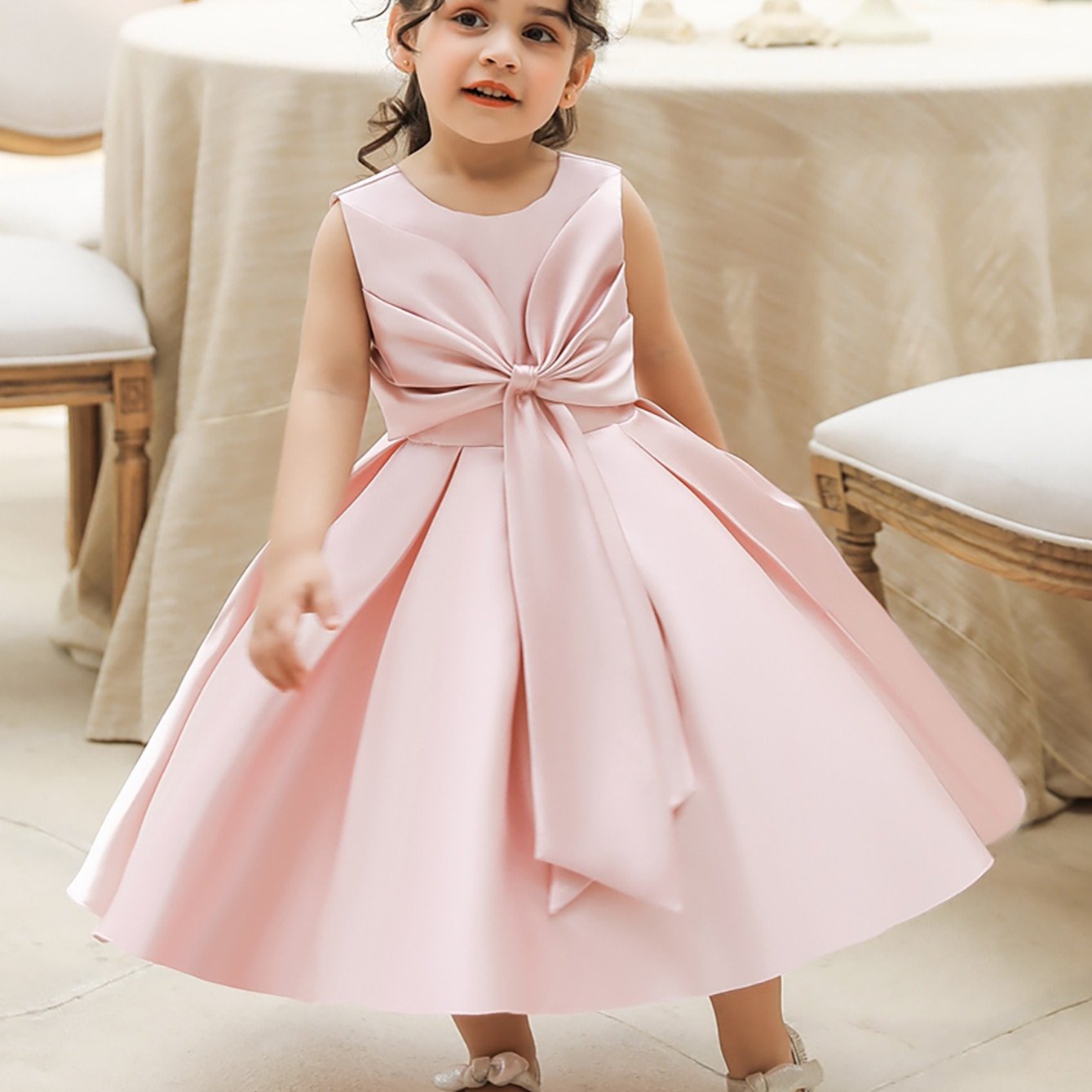 Baby Girl 1 Yr Dress Princess Twill Thick Satin Bow Baby Dress