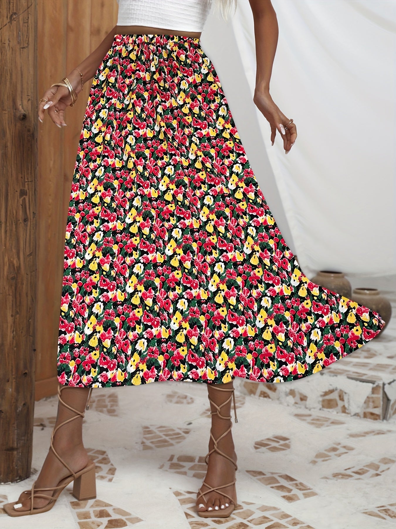 Boho Floral A Line Skirt High Waist Women's Clothing
