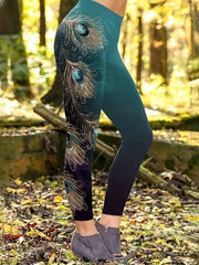Casual Ombre Peacock Print High Rise Leggings