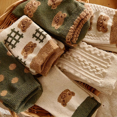 6 Pairs Cartoon Bear Print Socks Women's Mid Tube Stockings