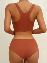 Solid Bra & Panties Set Square Neck Racer Back Elastic Lingerie