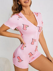 Dino Print Pajama Romper Short Sleeve V Neck