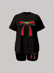 Bow Knot Print Tee & Shorts 2 Piece Set