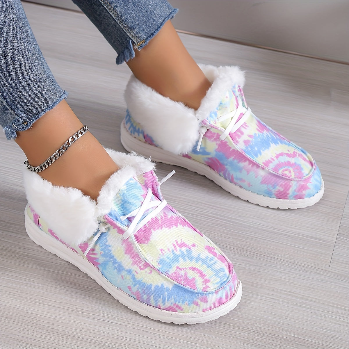 Women's Plush Lined Canvas Shoes Tie Dye Slip On Fuzzy Snow Boots