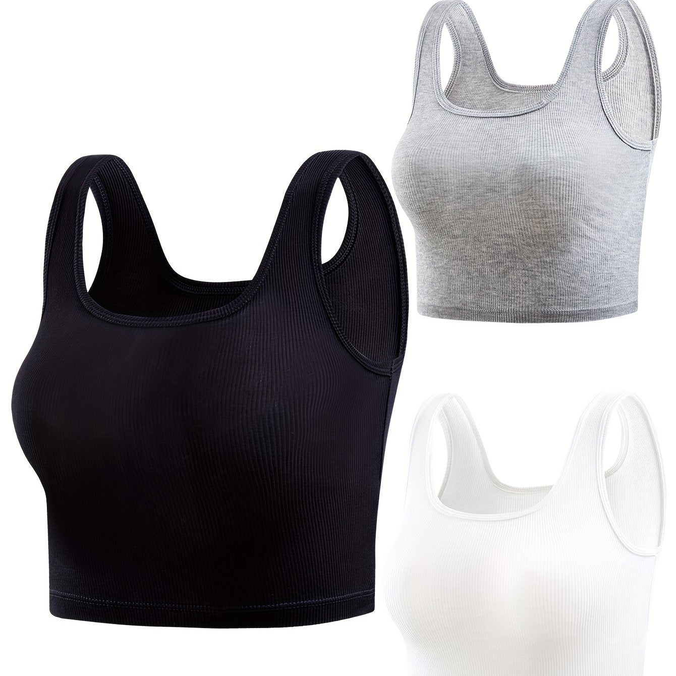 3 Ribbed Tank Tops Crew Neck Sleeveless Top Women's Lingerie