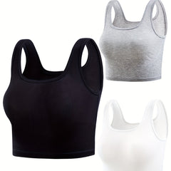 3 Ribbed Tank Tops Crew Neck Sleeveless Top Women's Lingerie