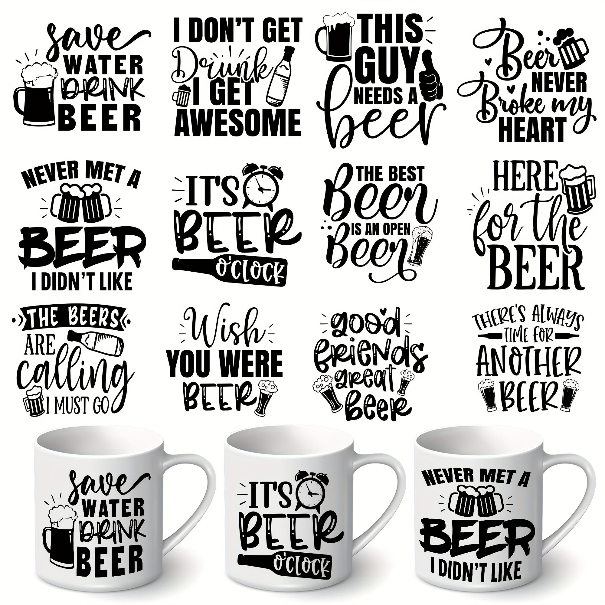 Beer Lover UV Transfer Stickers 12pcs Waterproof Self Adhesive St