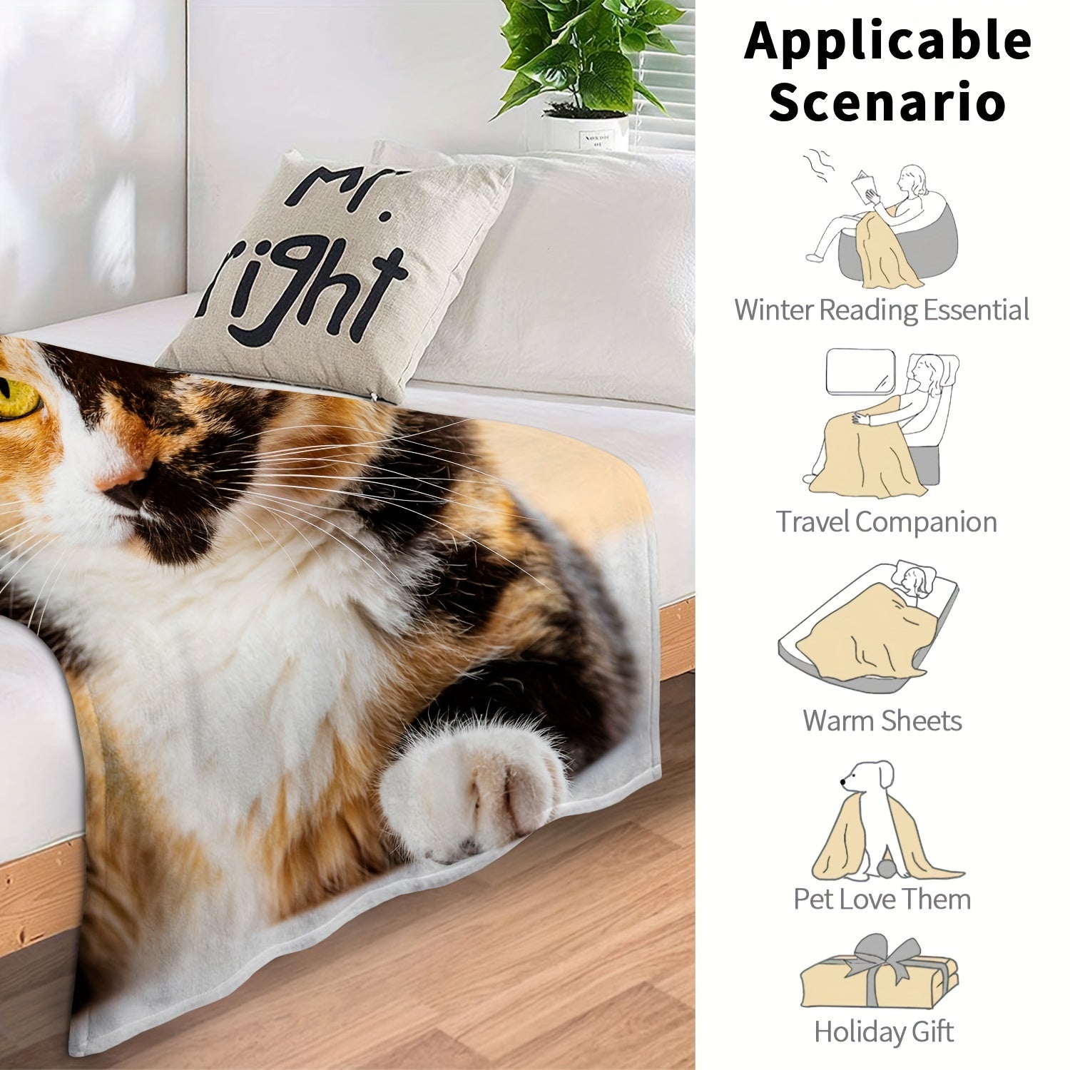 Yellow Cat Blanket Soft Flannel Blanket for Couch Bed