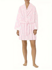 Heart Pattern Flannel Bathrobe Women's Long Sleeve Belted Nightgown