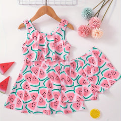 Toddler Girls Watermelon Swimsuit Set Sleeveless Ruffle Dress & Shorts