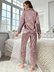 Floral Print Pajama Set Long Sleeve Buttons Top & Elastic Waistband Pants