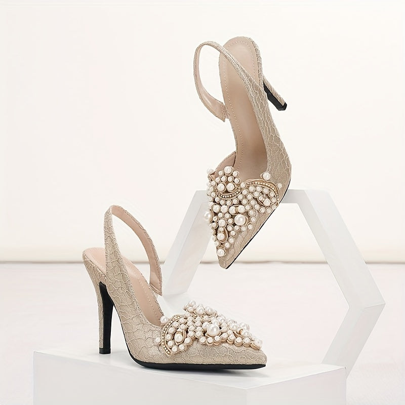 Faux Pearl Stiletto Heels Point Toe Slingback Pumps Wedding Heels